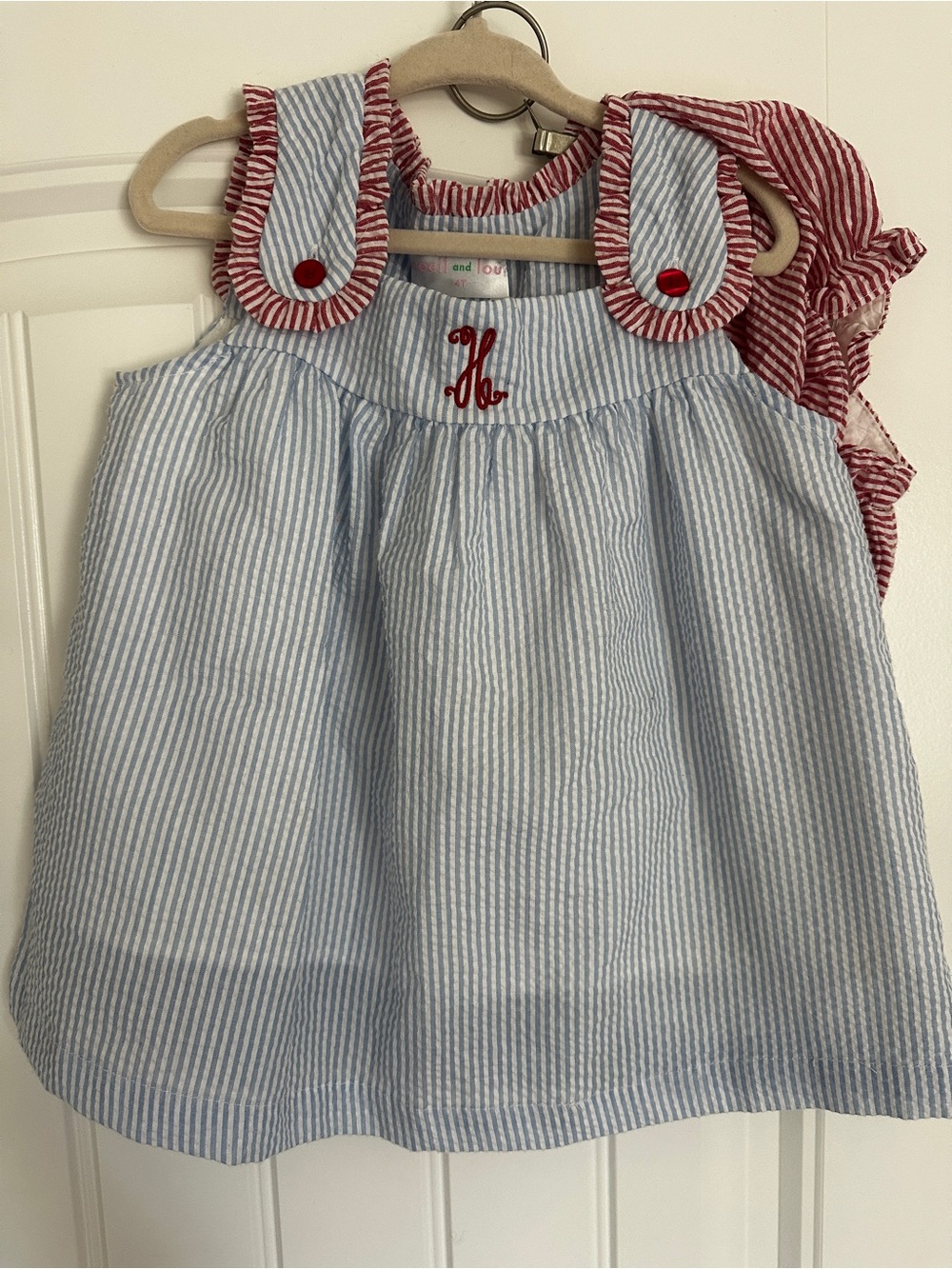 “H” Monogram Blue and White Striped Bloomer Short Set with Red Trim
